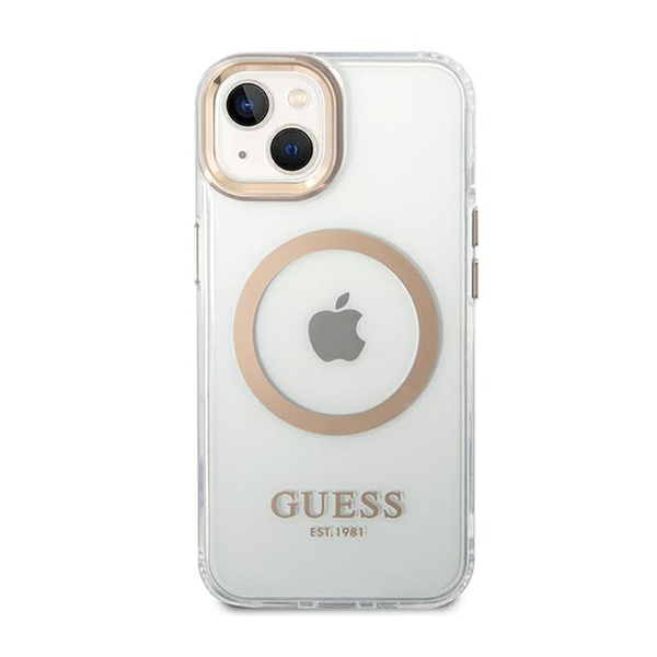 Кейс Guess, За iPhone 14, MagSafe, Пластмаса, Златисти елементи, Безцветен