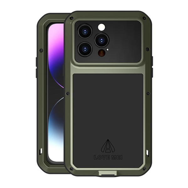 Apple iPhone 14 Pro Max LOVE MEI Мощен защитен протектор за телефон (метална рамка, изключително удароустойчив, устойчив на падане, прахоустойчив + Gorilla Glass стъкло) ТЪМНО ЗЕЛЕН