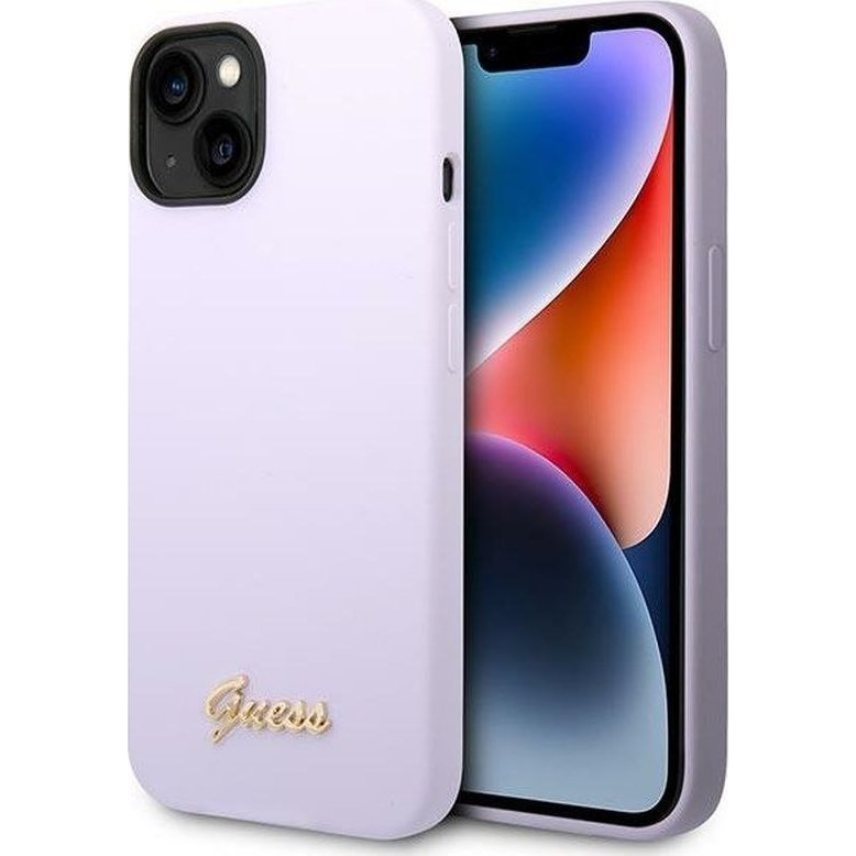 Guess Silicone Vintage Gold Apple iPhone 14 hátlap tok, lila (GUE2022)