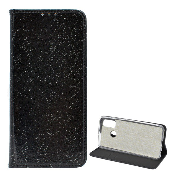 Tok álló, bőr hatású (FLIP, szilikon belső, oldalra nyíló, asztali tartó funkció, bankkártya tartó, csillogó) FEKETE [Huawei P Smart (2020)] (5996457983384)