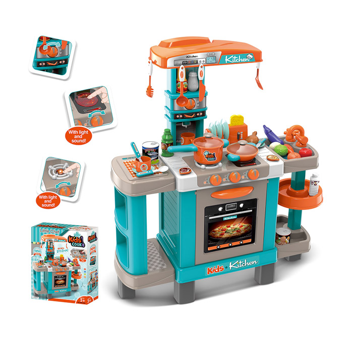 Játékkonyha fénnyel és hanggal - 39 darab kiegészítővel, kék-narancssárga (938A)