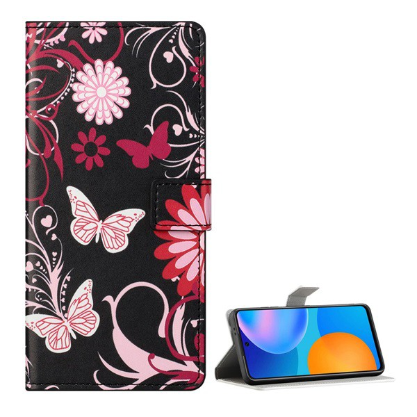 Tok álló, bőr hatású (FLIP, oldalra nyíló, asztali tartó funkció, pillangó, virág minta) FEKETE [Samsung Galaxy S21 Plus (SM-G996) 5G] (5996591025001)