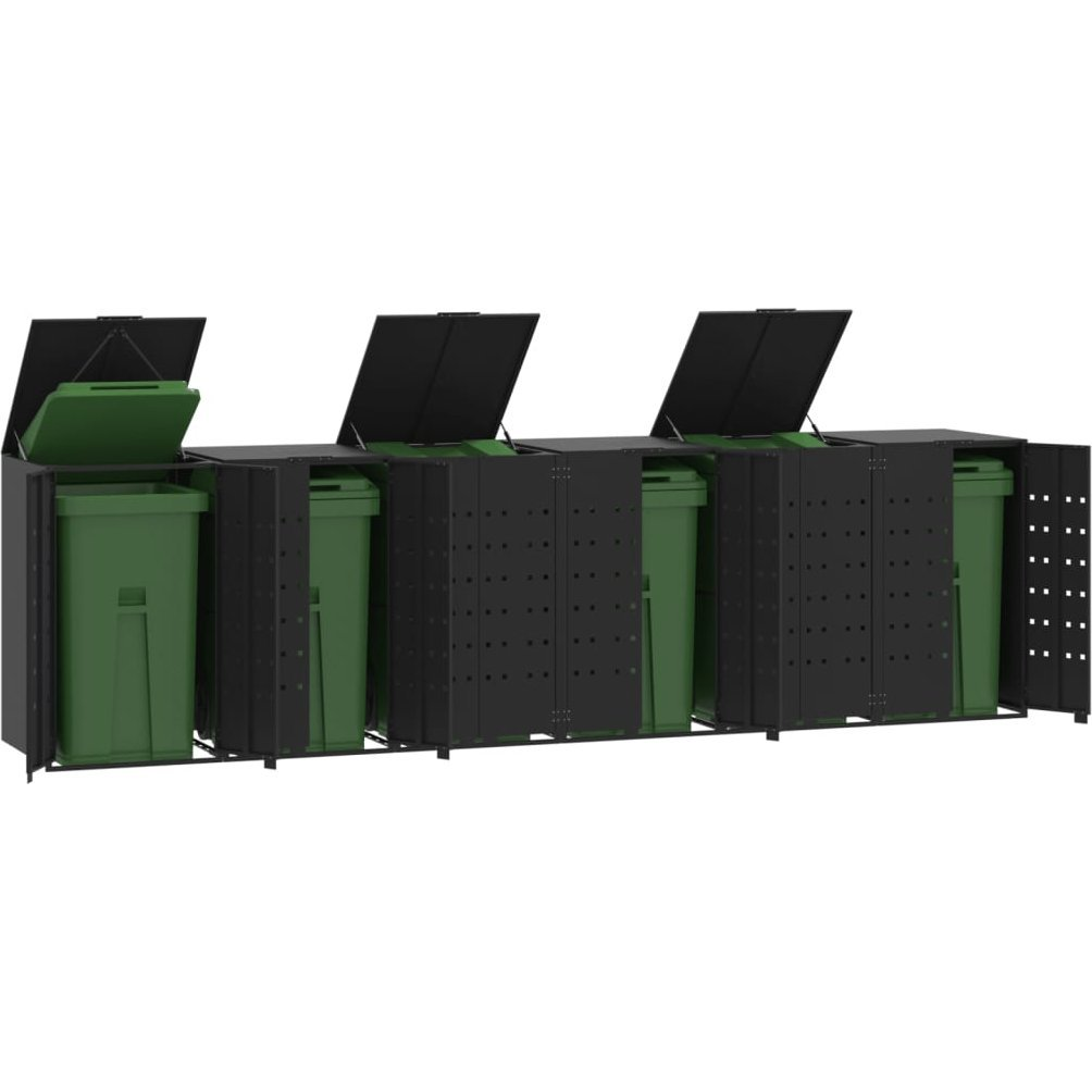 fekete acél kerekes tároló 6 szemeteskukához 414 x 79 x 117 cm (3279981)