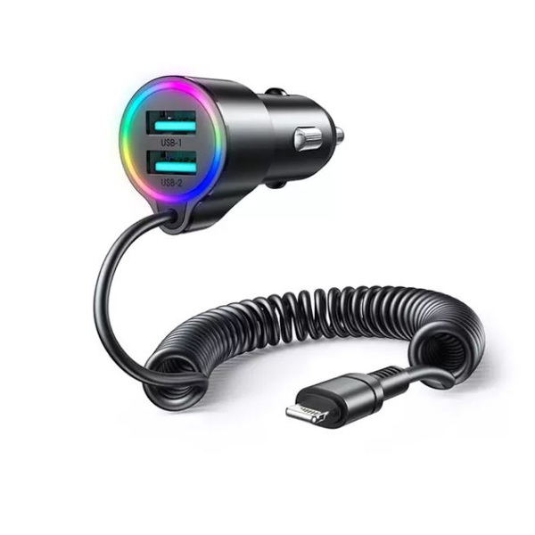 JOYROOM autós töltő 2xUSB-A aljzat + Lightning kábel (5V/3A, 17W, PD gyorstöltő 5.0) fekete (JR-CL25)
