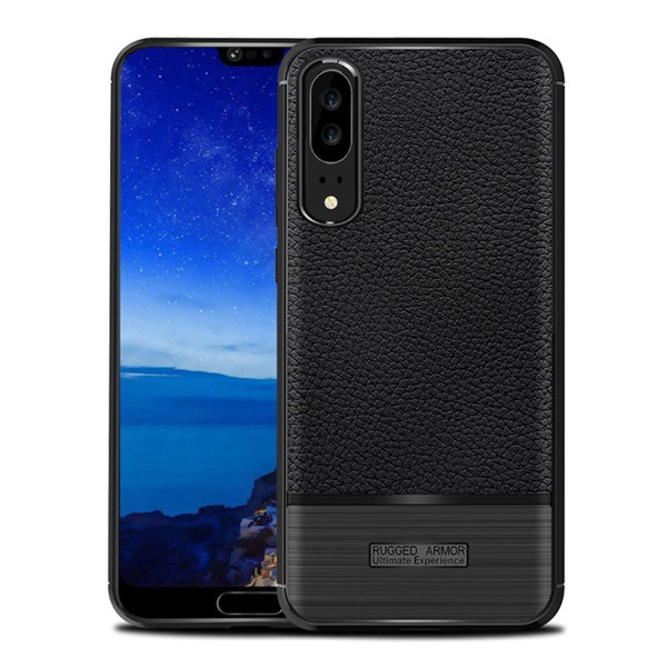 Szilikon telefonvédő (közepesen ütésálló, bőr hatású, szálcsiszolt) FEKETE [Huawei P20] (5996457760220)