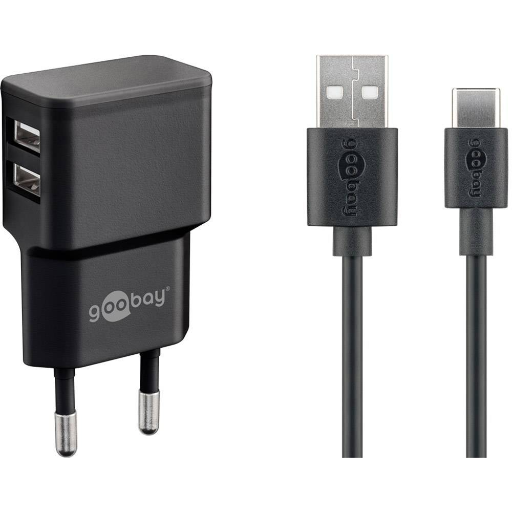 goobay Hálózati 2x USB töltő 2.4A + USB-A - USB-C töltőkábel Fekete (44986)