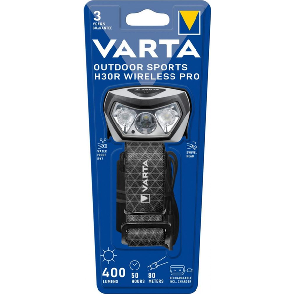 Челник LED Varta Outdoor Sports H30R Wireless Pro, Акумулаторен, 400 lm, IPX7, Батерия 1800 mAh