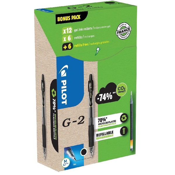 Pilot G2 Greenpack Nyomógombos zseléstoll készlet - 0.7mm / Fekete (12 darabos)