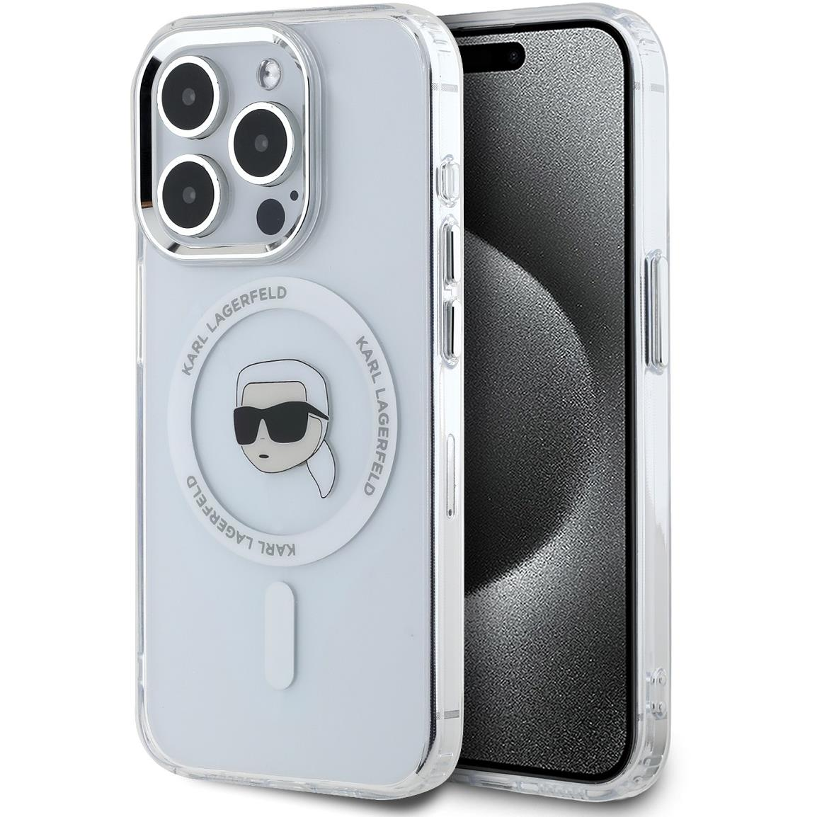 Karl Lagerfeld IML Karl Head Metal Frame MagSafe iPhone 15 Pro Max átlátszó tok (KLHMP15XHLSKIH)