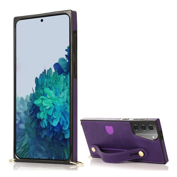 Szilikon telefonvédő (közepesen ütésálló, asztali tartó funkció, bőrhatású hátlap + kézpánt + vállpánt) LILA [Samsung Galaxy S21 Plus (SM-G996) 5G] (5996591069302)