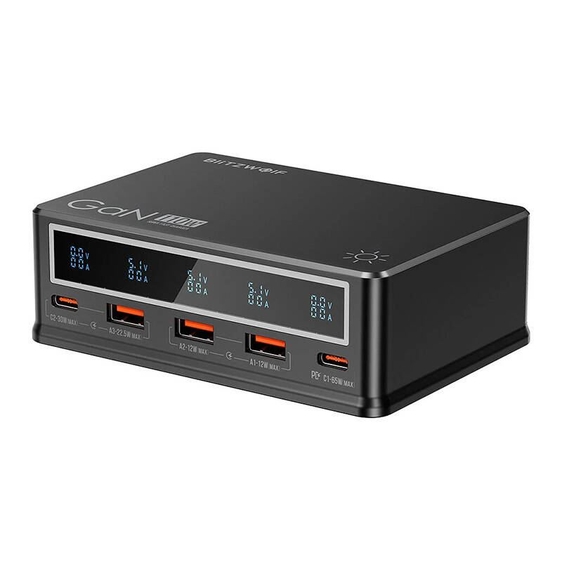 BlitzWolf 3xUSB-A, 2xUSB-C hálózati töltő 110W PD fekete (BW-i9) (BW-i9)