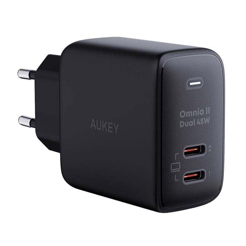 Aukey hálózati töltő 2xUSB-C 45W fekete (PA-B4T) (PA-B4T)
