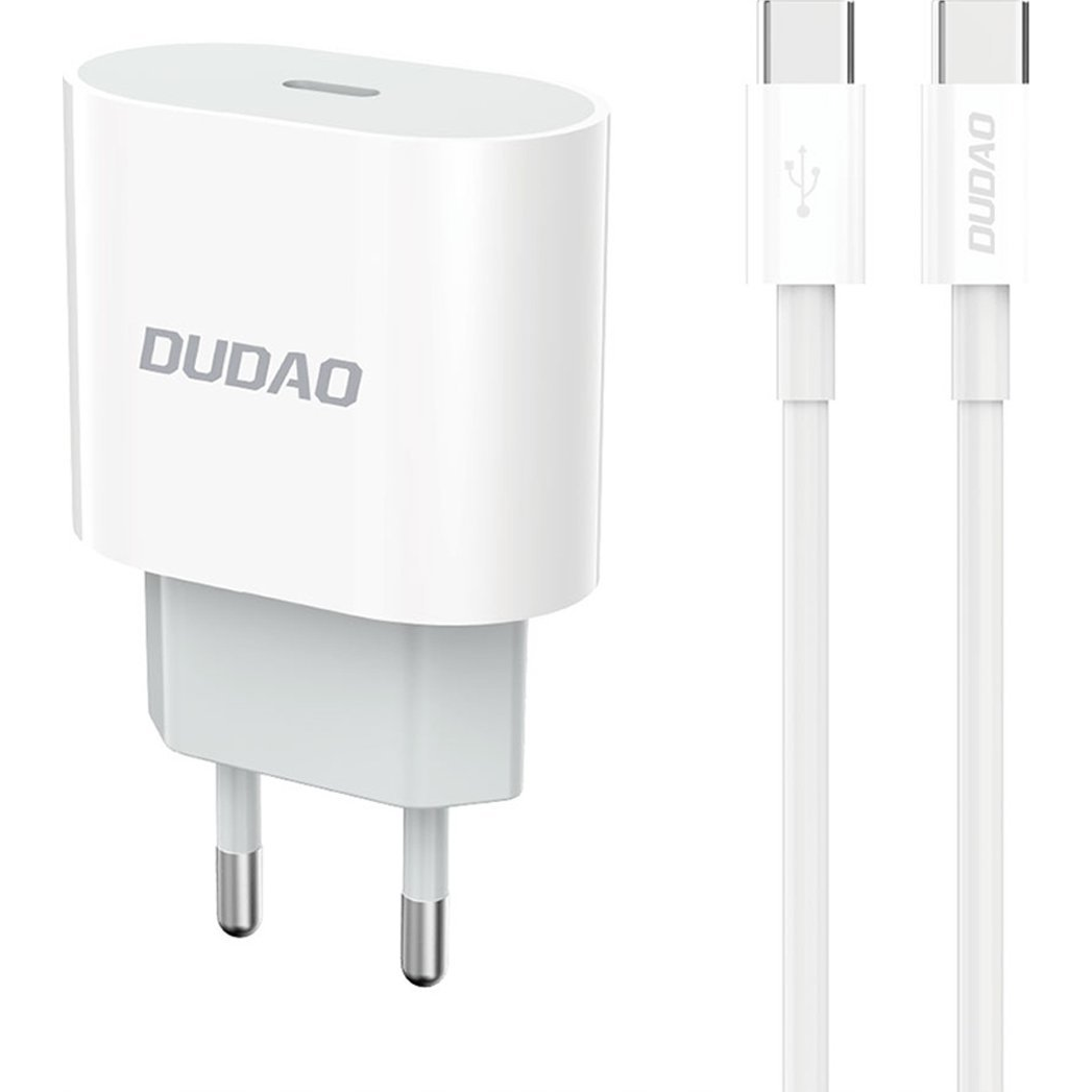 Dudao A14EUC Hálózati Töltő 1xUSB-C Csatlakozással És Type-C-Type-C Kábellel PD 20W-Fehér (6976625332984)
