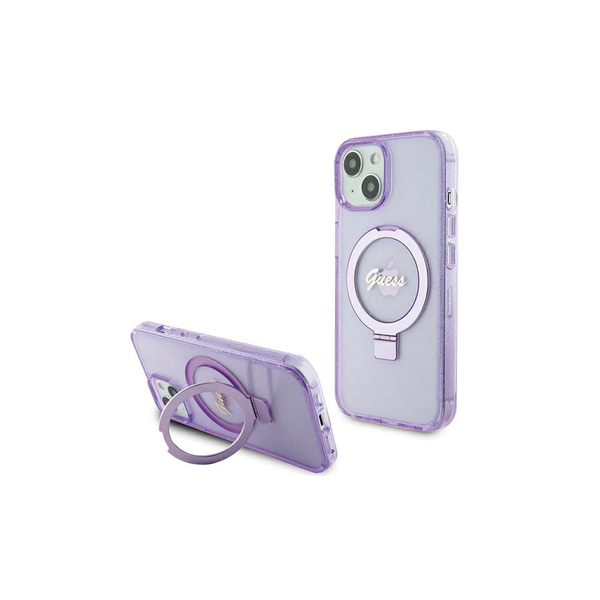 Guess GUHMP15MHRSGSU iPhone 15 Plus/14 Plus készülékhez 6.7" kemény tok Ring Stand Script Glitte lila