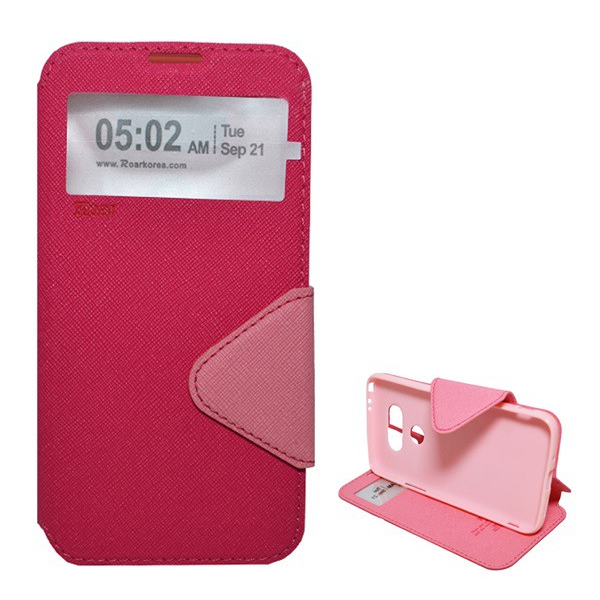 ROAR FANCY DIARY tok álló, bőr hatású (FLIP, oldalra nyíló, asztali tartó funkció, View Window, textil minta) RÓZSASZÍN [LG G5 (H850) ] (5996457636945)