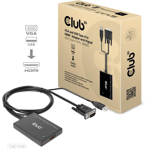CLUB3D CAC-1720 video kabel adapter 0,6 m HDMI Type A (Standaard) VGA (D-Sub) + USB Zwart