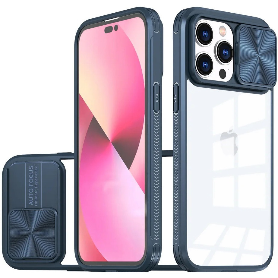 Apple iPhone 16 Pro Max, Műanyag hátlap + szilikon keret, átlátszó akril hátlap, kamera védelem, Wooze Trendy, sötétkék (TS6849)