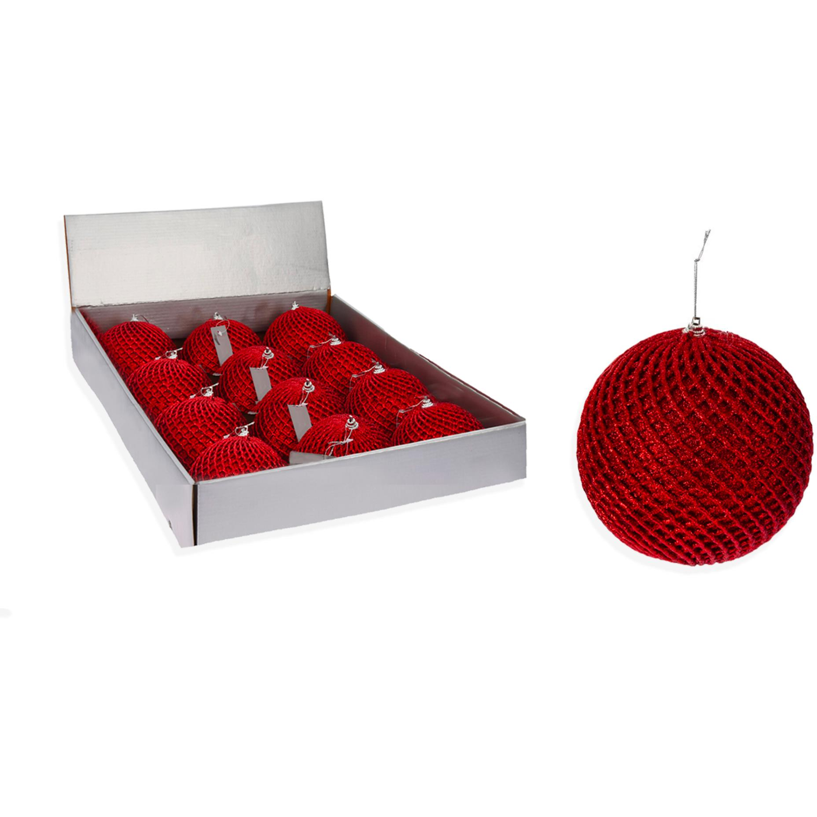 LAALU díszkészlet: piros hálós díszek 10 cm, 12 db (LAU-2015)