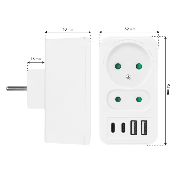Gniazdko prądowe x2 + 4xUSB Maclean, rozgałęźnik z 2 gniazdami, 2xUSB A, 2xUSB C PD 20W, typu F, 1x16A + 1x6A, MCE249 F/W
