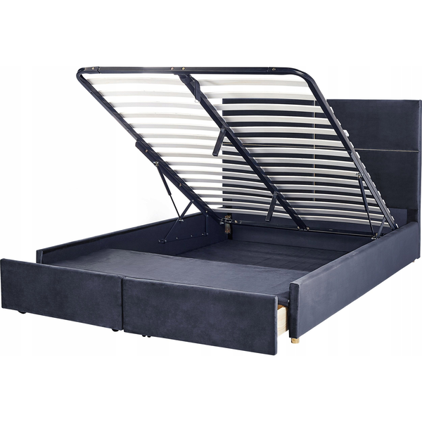 Cama Con Somier De Terciopelo Negro Dorado 180 X 200 Cm Almacenaje Vernoyes - Negro