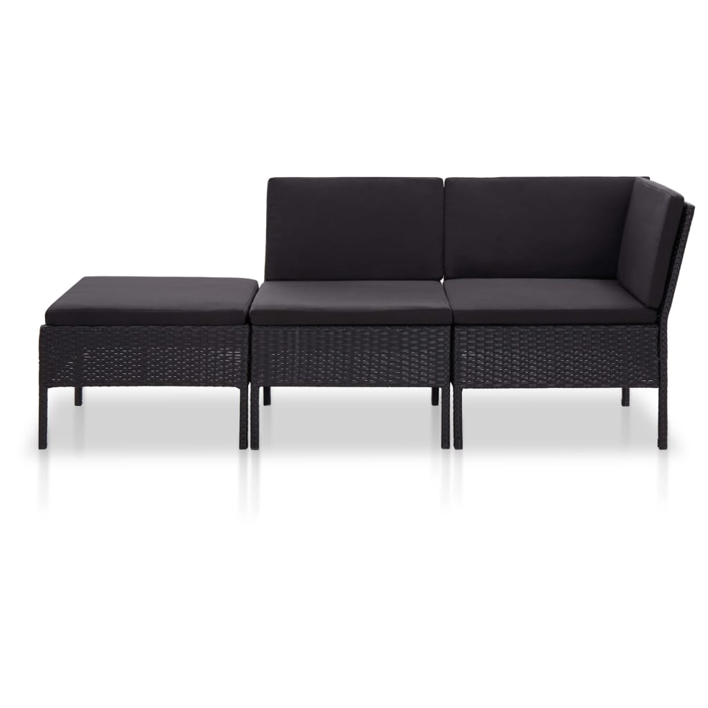 3 részes fekete polyrattan kerti ülőgarnitúra párnákkal (48961)