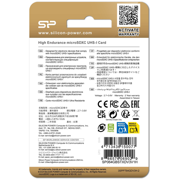 64GB microSDXC Silicon Power Golden Series CL10 V30 A1 + adapter (SP064GBSTXDV3V1HSP)