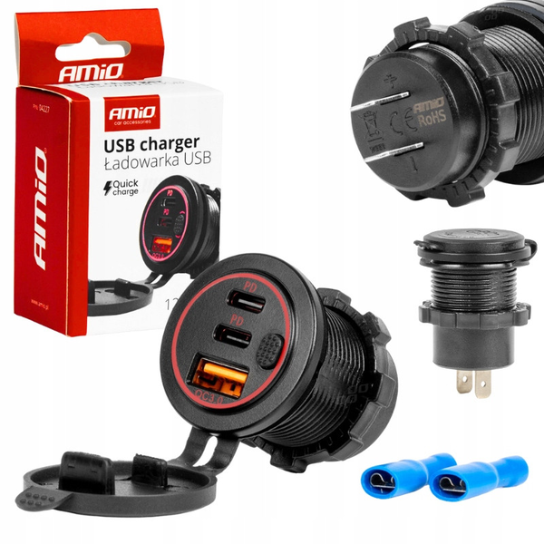 AMiO , Usb és Dupla Usb-C Aljzat, Beépíthető, Vízálló, 12/24V (0504227)