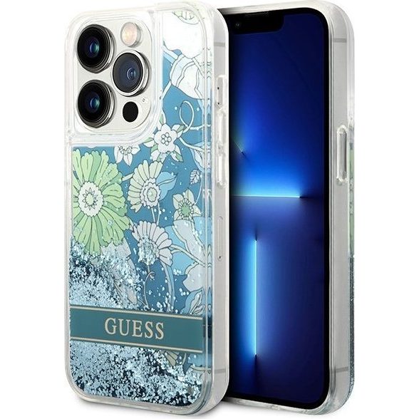 Guess Flower Liquid Glitter Apple iPhone 14 Pro Max hátlap tok, zöld (GUE2266)