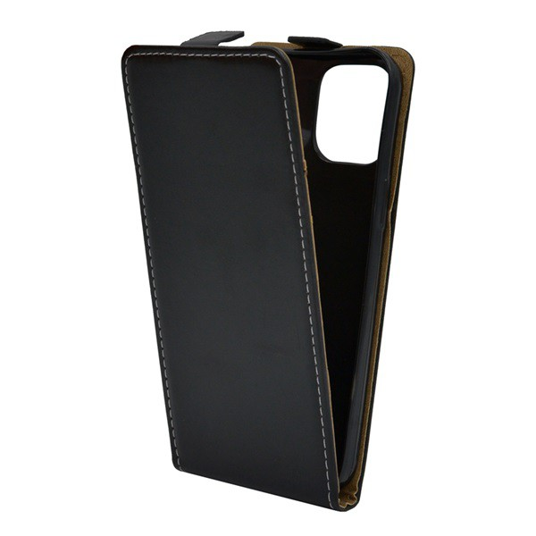 Tok álló, bőr hatású (FLIP, lefelé nyíló, szilikon tartó) FEKETE [Apple iPhone 12 Pro Max] (5996591017464)