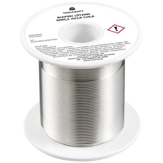 TOOLCRAFT Forrasztóón, ólommentes Tekercs Sn95,5Ag3,9Cu0,6 ROL1 100 g 1 mm (TO-9503313) (TO-9503313)