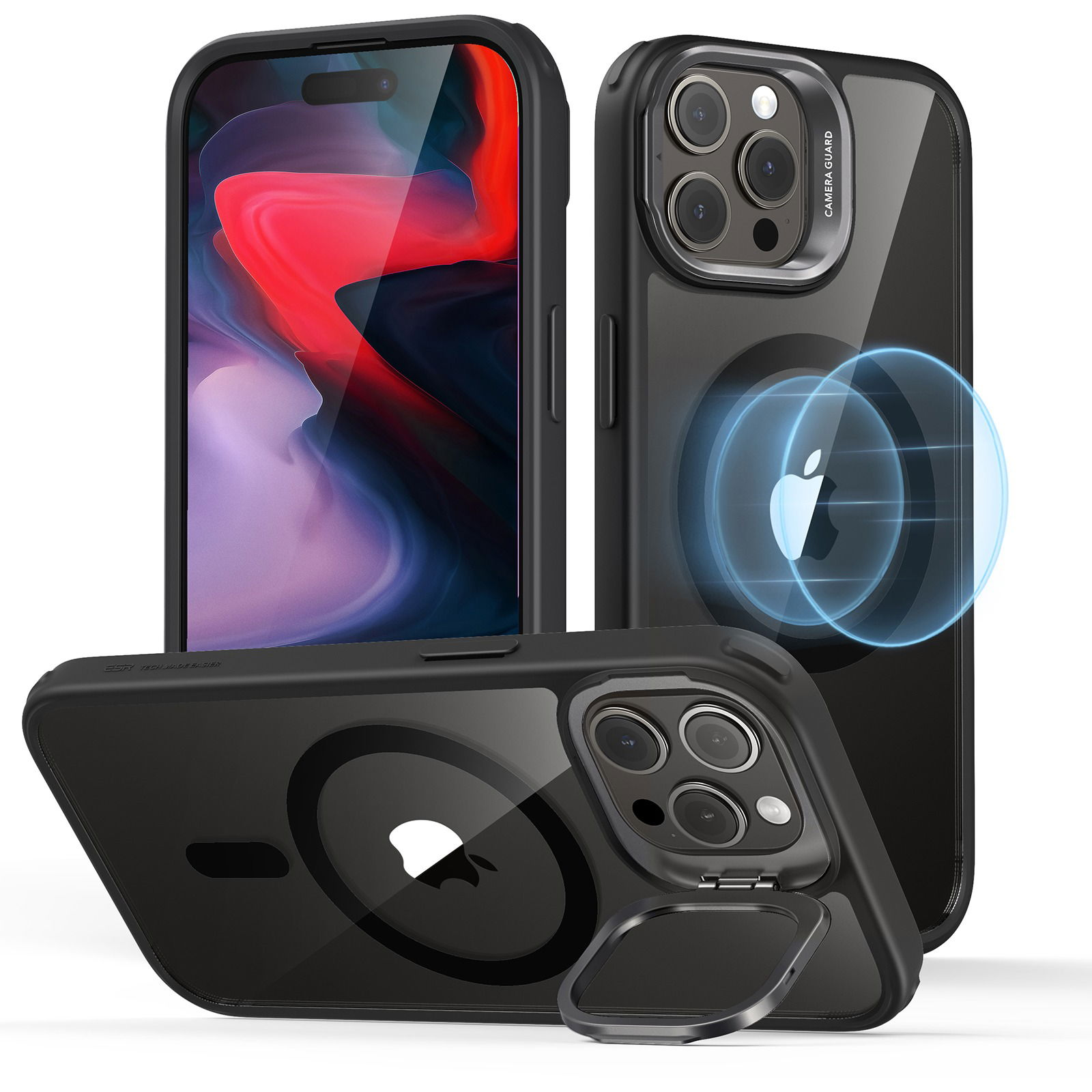ESR Classic Hybrid Case with Stash Stand (HaloLock), Compatible with iPhone 15 Pro Max, Clear Black tok (1A6750202)