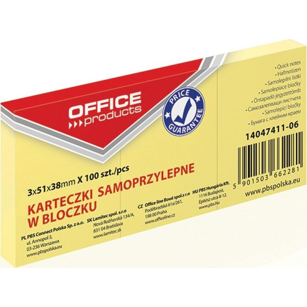 Office Products Bloczek samoprzylepny OFFICE PRODUCTS, 38x51mm, 1x100 kart., pastel, jasnożółty