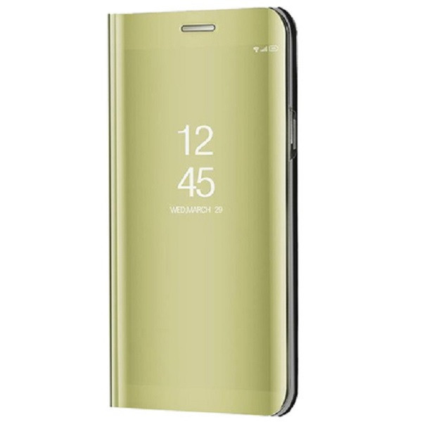 Apple iPhone 13 Pro Max, Oldalra nyíló tok, hívás mutatóval, Smart View Cover, arany (utángyártott) (106391)