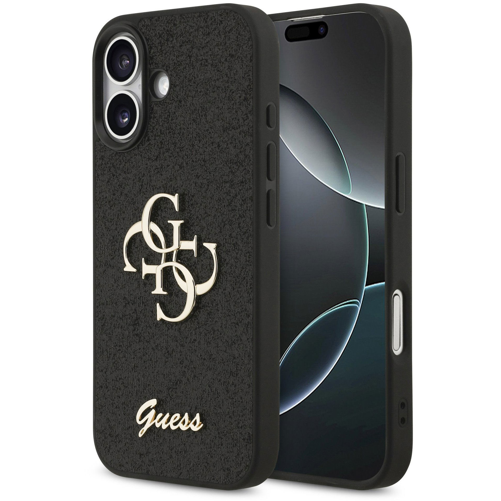Guess PU Fixed Glitter 4G Metal Logo Zadní Kryt pro iPhone 17 Black (GUHCP17SHG4SGK)