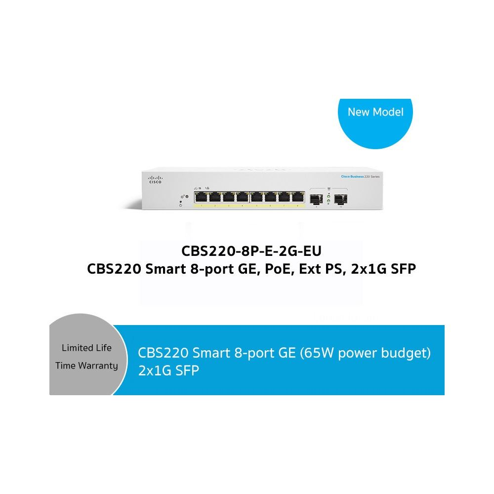 Cisco 8portos POE + 2portos SFP Switch (CBS220-8P-E-2G-EU)