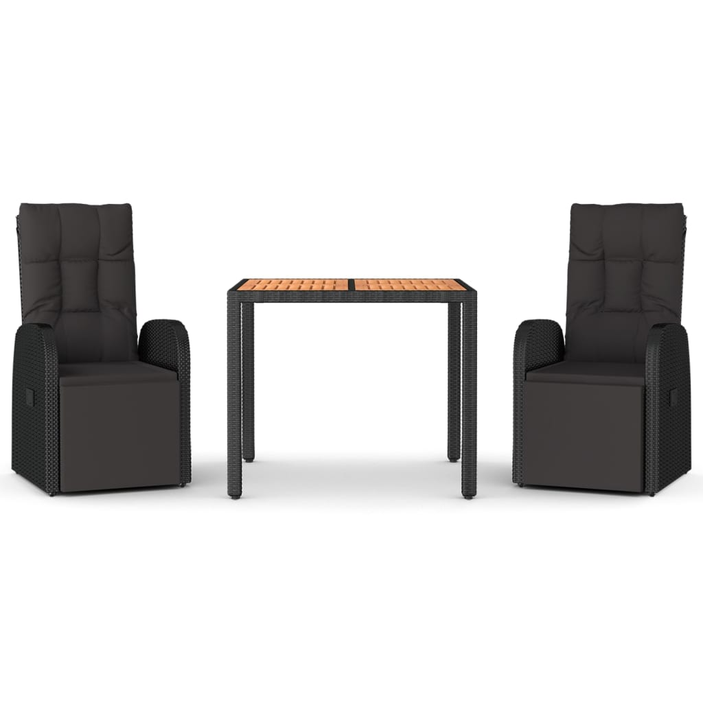 3 részes fekete polirattan és tömör akác kerti étkezőgarnitúra (3157606)