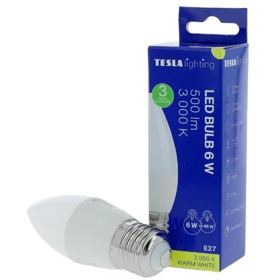 Tesla Gyertya, E27, 4,9W, 230V, 470lm, 25000h, 3000K meleg fehér, 180° (8596238006195)