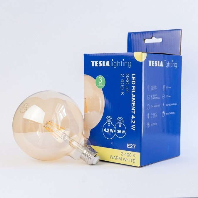 Tesla - LED izzó GLOBE G125 VINTAGE, E27, 4,2 W, 230 V, 380 lm, 2400K, 360°, arany (GL274224-1)
