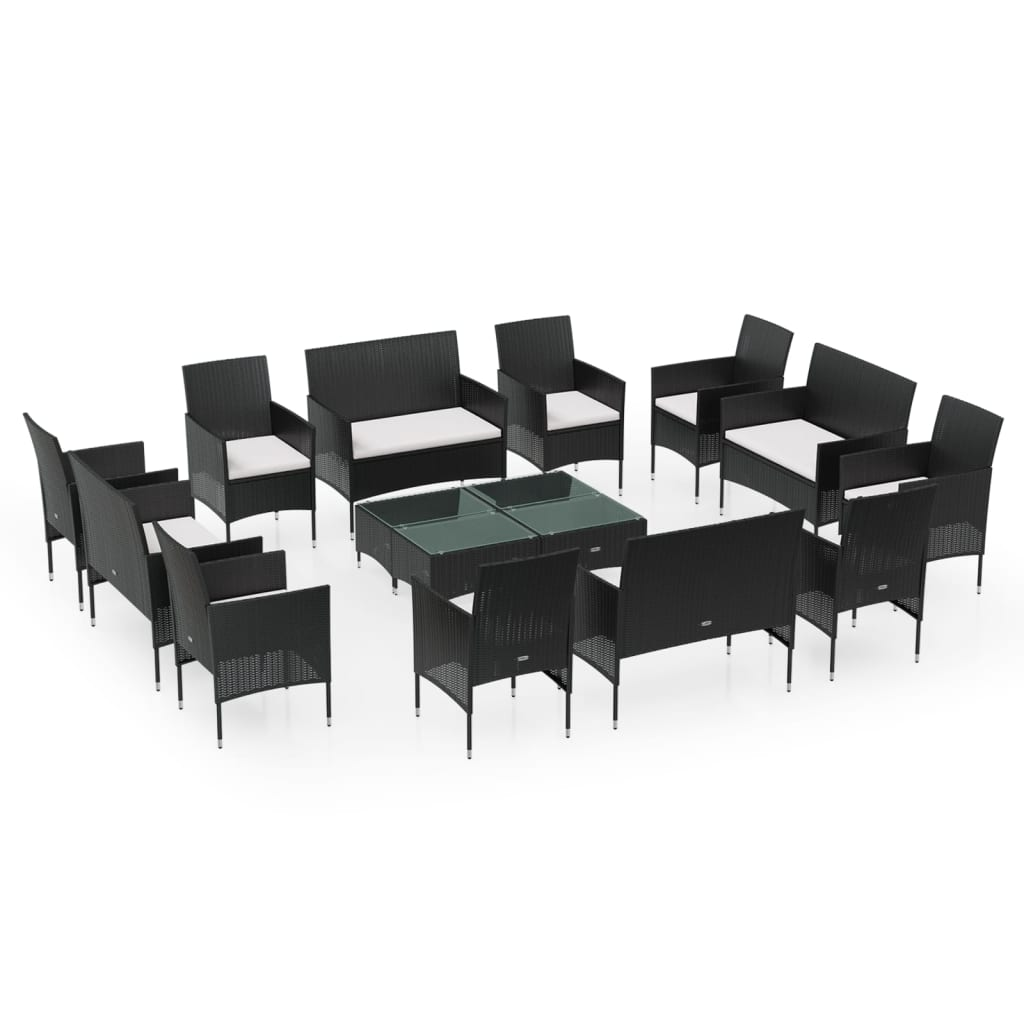 16 részes fekete polyrattan kerti ülőgarnitúra párnákkal (3095956)