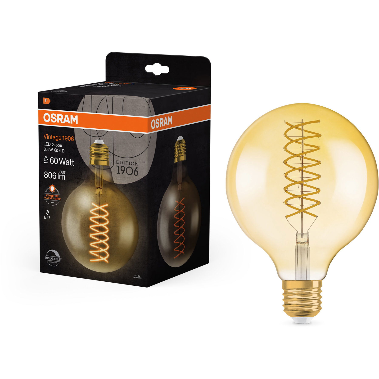 OSRAM LED izzó, gömb, aranyszínű, E27, VINTAGE, 8,4 W, meleg fehér (4099854137884)