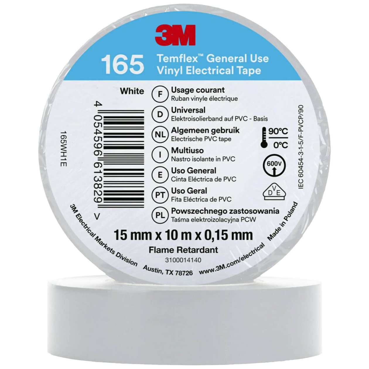 3M Temflex 165 165WH1E vinil szigetelőszalag, fehér, 10 m x 15 mm (165WH1E)