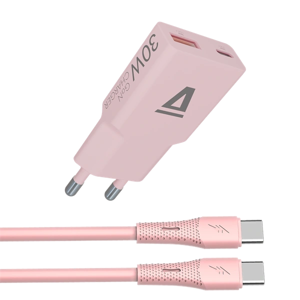 AVAX CH6417 30W GaN töltő és 60W USB-C szilikon kábel csomag, rózsaszín (AVAX_CH6417)