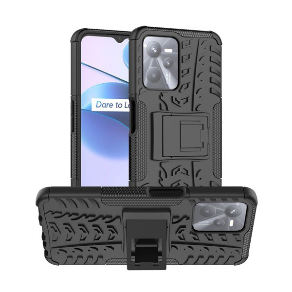 Defender műanyag telefonvédő (közepesen ütésálló, szilikon belső, kitámasztó, autógumi minta) FEKETE [Realme C35] (5996591224091)