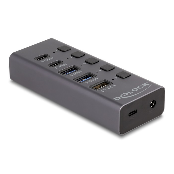 Delock Hub USB 5 Gbps 2 x A-típusú és 2 x USB Type-C  anya és 1 x gyorstöltő port + kapcsoló (64248)