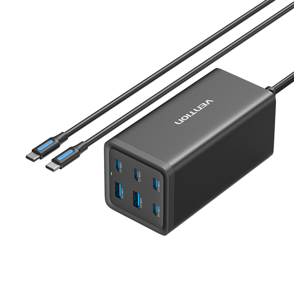 Vention FENB0-EU 4x USB-C / USB-A Hálózati töltő + USB-C kábel - Fekete (140W) (FENB0-EU)