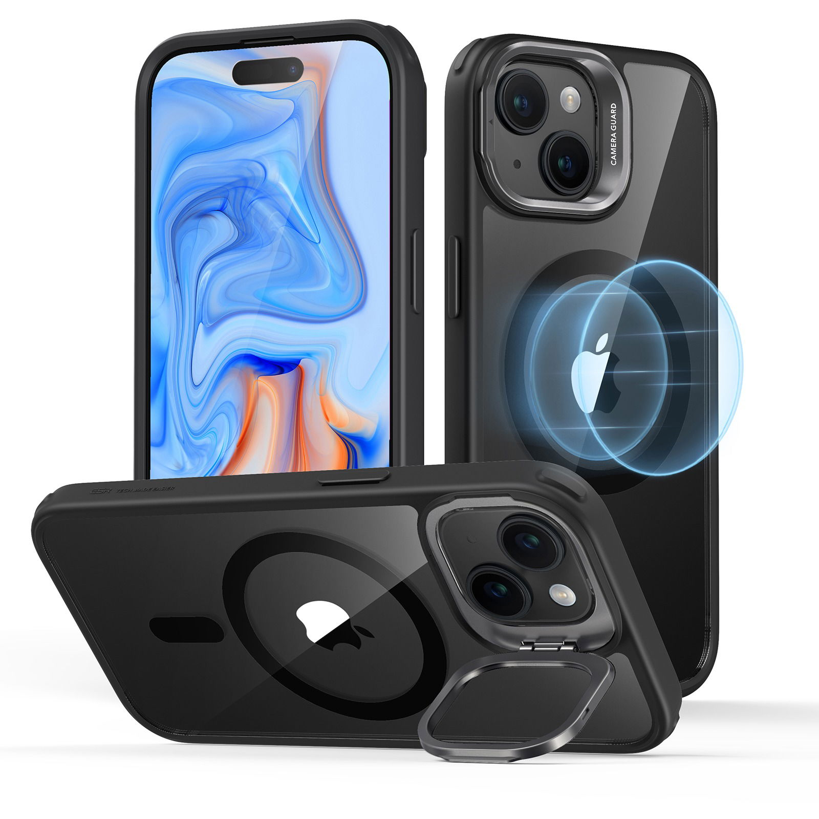 ESR Classic Hybrid Case with Stash Stand (HaloLock), Compatible with iPhone 15 Plus, Clear Black tok (1A6730202)
