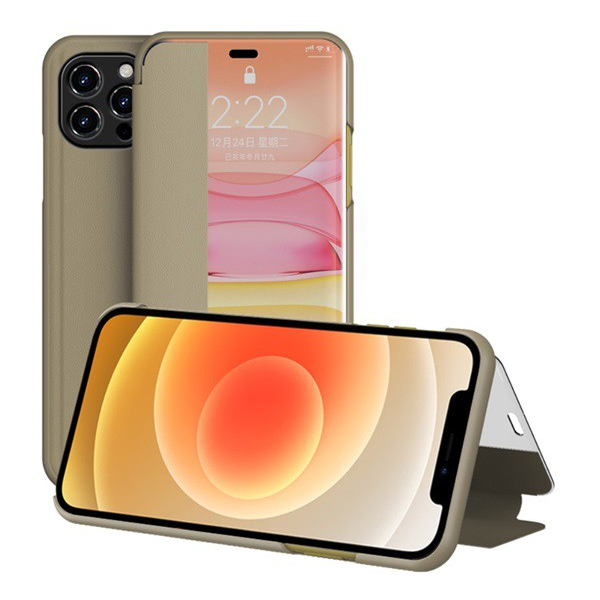 Tok álló, bőr hatású (FLIP, oldalra nyíló, asztali tartó funkció, hívószámkijelzés, View Window) BARNA [Apple iPhone 12 Pro Max] (5996591013978)