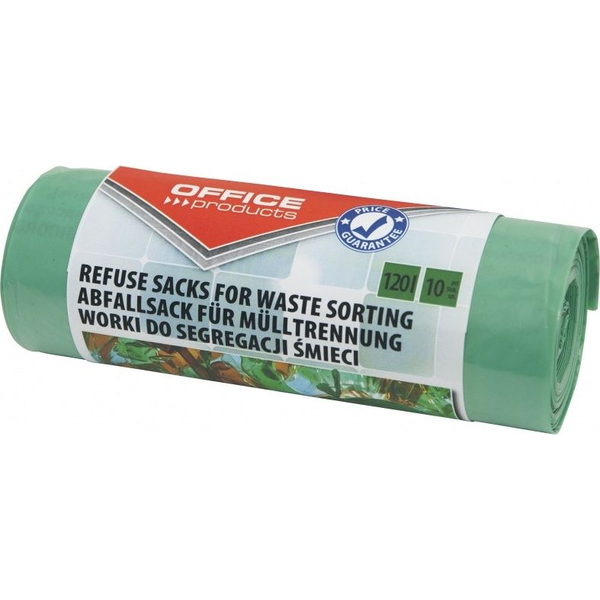  Office Products Worki na śmieci domowe OFFICE PRODUCTS, do segregacji szkła, mocne (LDPE), 120l, 10szt., zielone