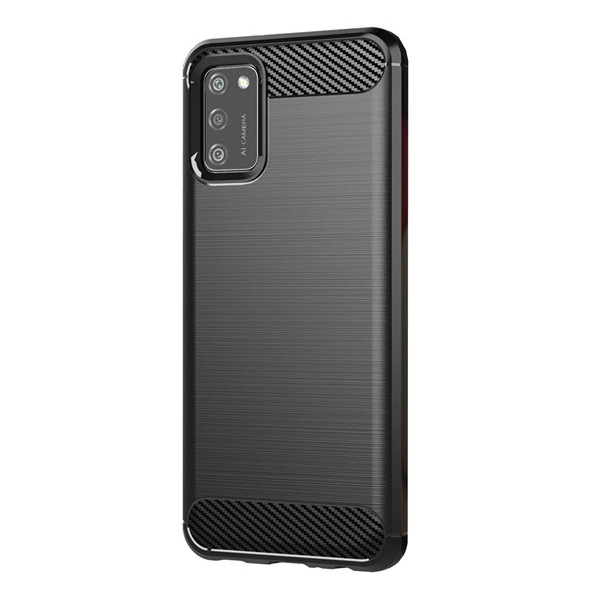 Szilikon telefonvédő (közepesen ütésálló, légpárnás sarok, szálcsiszolt, karbon minta) FEKETE [Samsung Galaxy A02s (SM-A025F)] (5996591029788)