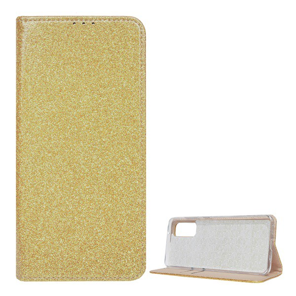 Tok álló, bőr hatású (FLIP, szilikon belső, oldalra nyíló, asztali tartó funkció, bankkártya tartó, csillogó) ARANY [Samsung Galaxy S20 5G (SM-G981U)] (5996457950317)